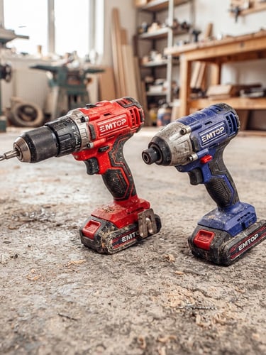 Sharp industrial photography of red and blue EMTOP cordless drill and impact driver resting on a concrete workshop floor, bright daylight, sawdust details