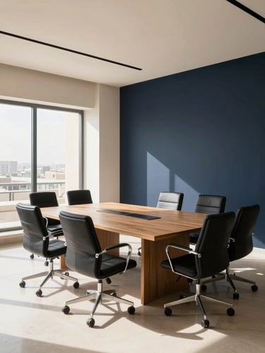 A high-end corporate meeting room in Cairo with clean architectural lines, bright natural daylight, soft shadows, 35mm