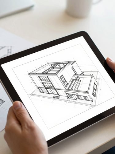 Close-up of digital wireframes on a tablet held by a professional in a bright corporate office, architectural lines, 35mm