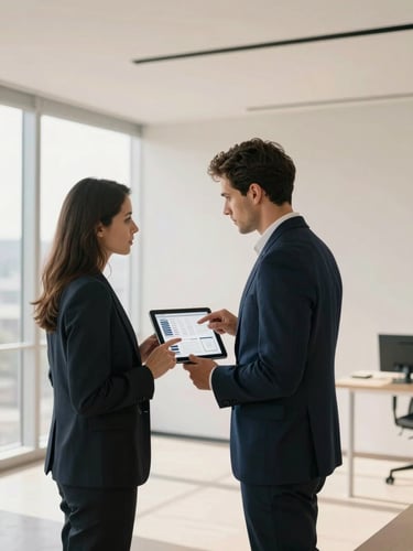 A professional bilingual consultant pointing at a digital wireframe on a tablet in a bright, daylight-filled corporate room with clean architectural lines, 35mm.