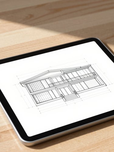 A close-up of a digital tablet showing architectural wireframes on a clean wooden desk, bright natural daylight casting soft shadows, minimalist corporate style.