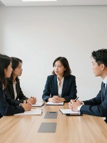 Bilingual corporate professionals in a collaborative, non-staged discussion inside a bright meeting room with soft daylight, 35mm.