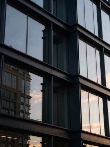 Close-up of modern architectural steel and glass structure, dramatic golden-hour reflections, sharp focus, 35mm