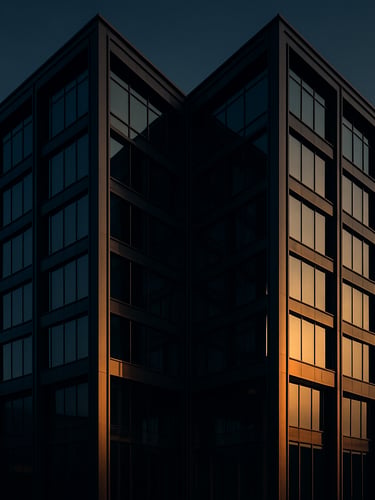 Symmetrical architectural shot of a modern corporate headquarters made of dark steel and tinted glass, soft golden reflection, dramatic shadows, cinematic corporate photography style
