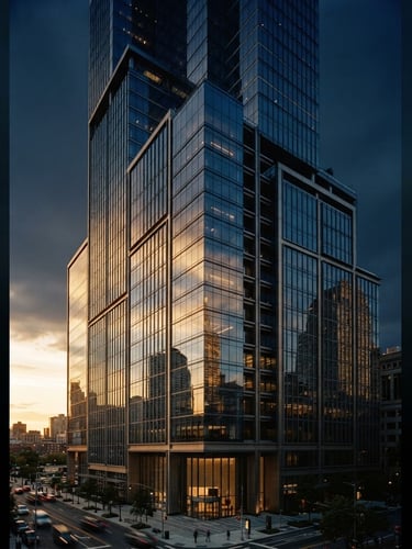 Cinematic corporate photography of modern architectural steel and glass skyscraper reflecting golden hour light, deep navy tones, sharp focus, 35mm
