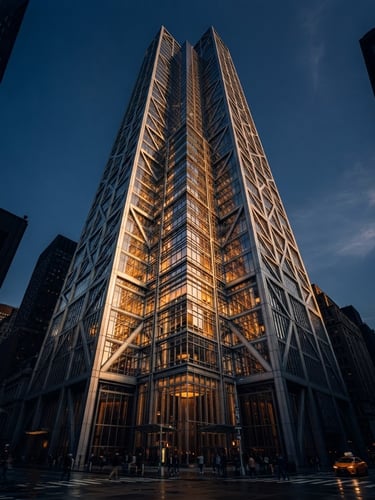 Dramatic low angle architectural photograph of a modern steel and glass skyscraper, deep navy shadows, warm golden hour reflections on the facade, sharp 35mm focus
