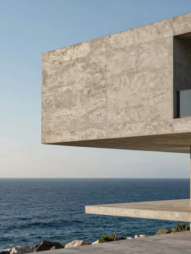 Minimalist concrete and limestone villa cantilevered over the deep blue Adriatic sea, soft morning light, architectural elevation, negative space on the left.
