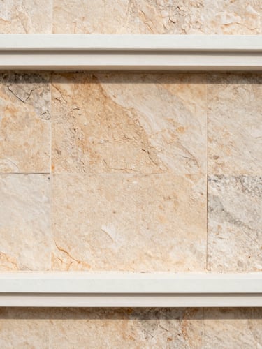 Wide panoramic 21:9 framing, extreme close-up of warm Brač limestone texture and crisp white architectural lines, soft natural light, off-center composition.