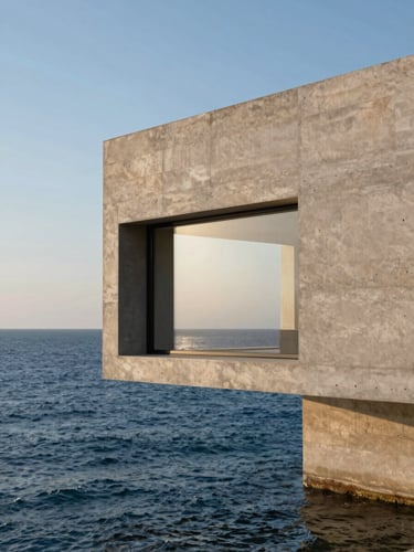 Minimalist concrete villa cantilevered over deep blue Adriatic water, warm morning light reflecting on limestone facade, wide architectural crop
