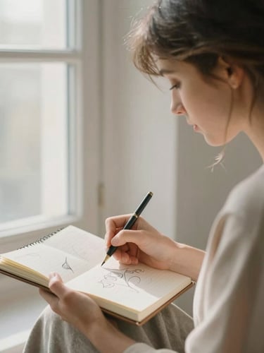 An unposed portrait of a female designer sketching in a notebook, soft morning window light, warm neutral tones, shallow depth of field, 35mm photography