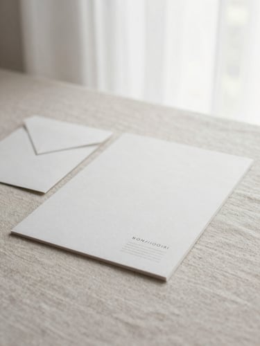 Soft editorial photograph of a minimalist brand stationery set, natural linen background, diffused window light