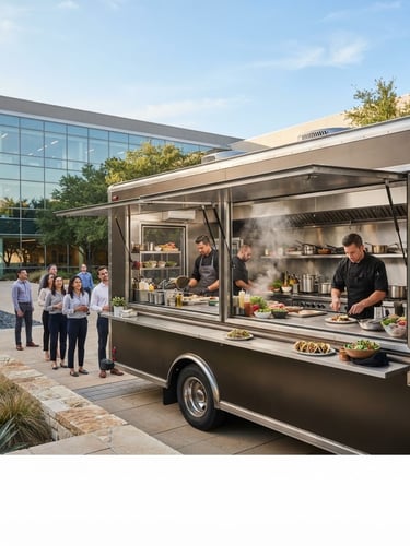 A clean, branded commercial catering truck parked at a modern Texas corporate venue, bright natural daylight, rich warm tones, professional logistics styling.
