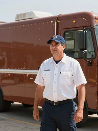 A professional logistics manager in a clean uniform standing next to a large commercial mobile kitchen, bright Texas daylight, sharp focus