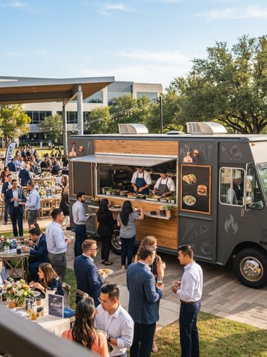 A clean, modern commercial catering truck branded with professional lettering, parked under bright Texas daylight in front of an organized outdoor corporate event setup.