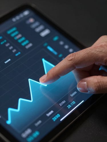 Macro close-up of a trackpad hand navigating a campaign analytics interface, cool studio lighting, dark background, neon blue graph lines reflecting on fingertips, sharp focus on screen data