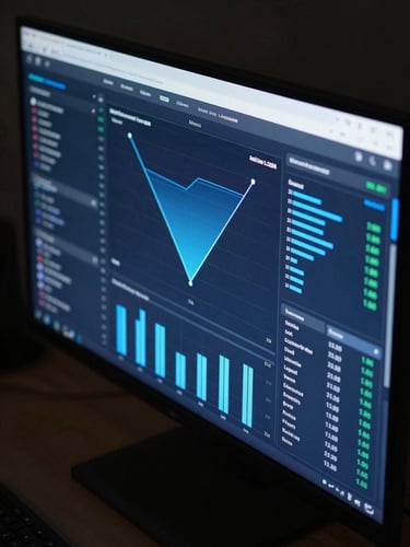 Wide-angle overhead shot of a performance marketing dashboard on a large monitor in a dark studio, neon blue data visualizations showing conversion funnels and budget allocation mid-analysis, high contrast cool lighting, tight crop on screen
