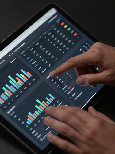 Tight macro overhead shot of hands on a trackpad reviewing a multi-channel ad performance dashboard on a dark screen, budget allocation bars and conversion funnel columns visible, cool high-contrast studio lighting, no faces visible