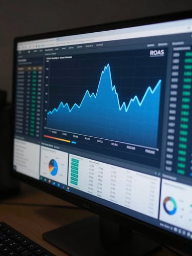 Wide overhead view of a campaign analytics dashboard on a dark monitor, neon blue conversion rate and ROAS graphs mid-spike, cool studio lighting, tight macro framing showing data columns and a budget allocation chart in sharp focus