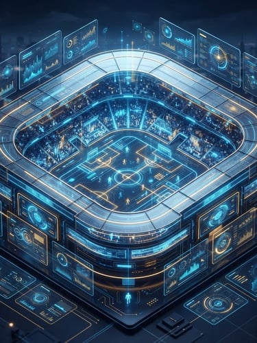Premium 3D render of an isometric digital sports stadium interface with glowing neon blue and gold data streams, sleek glassmorphism panels, dark luxury navy lighting