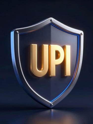 Premium 3D render of a secure shield integrated with a glowing golden UPI symbol, dark luxury navy background, high-contrast neon blue lighting