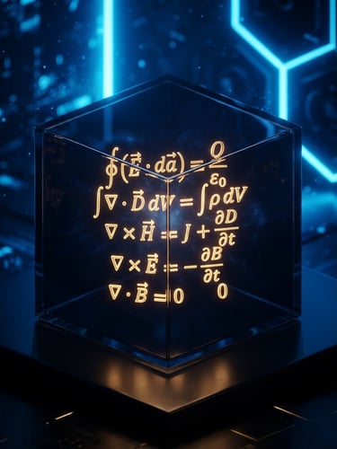 Premium 3D render of a glowing gold mathematical formula floating inside a dark navy glass cube, high-contrast neon blue backlight, isometric framing