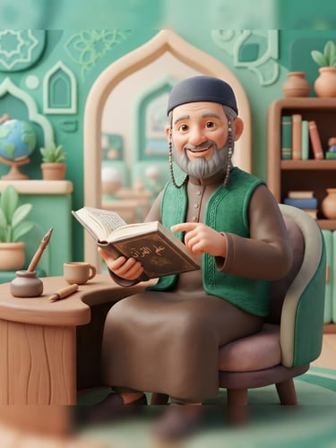 3D claymorphic illustration of a friendly Islamic teacher holding a book, soft studio lighting, emerald green and mint background, stylized render