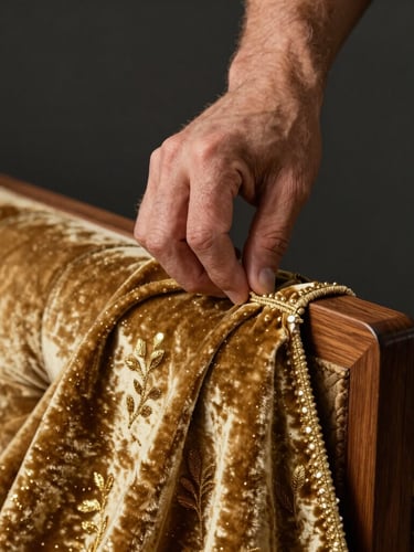 Close-up of a craftsman's hands carefully pulling gold-threaded velvet fabric over a solid mahogany sofa frame, dramatic side lighting, dark moody studio background.