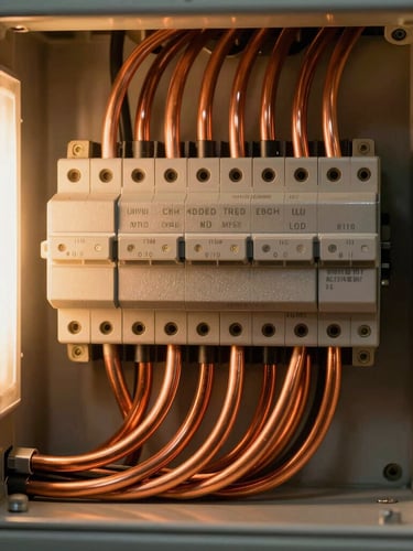 Close-up macro shot of clean, perfectly combed copper wiring inside an industrial electrical panel, illuminated by warm, high-contrast work lights.