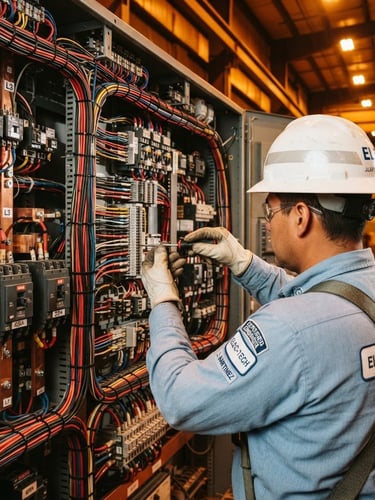 Over-the-shoulder shot of a certified electrical engineer in a white helmet and light blue long-sleeve shirt, working on a massive industrial load center with warm copper lighting and perfectly organized wiring.