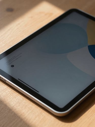 A close-up of a physical Android tablet resting on a clean wooden desk, displaying a high-contrast user interface with large touch targets, natural daylight casting soft shadows.