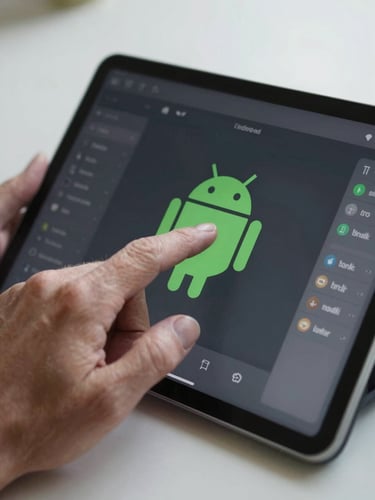 Close-up of an older adult's hand precisely navigating a high-contrast Android application on a physical tablet, soft natural studio light.