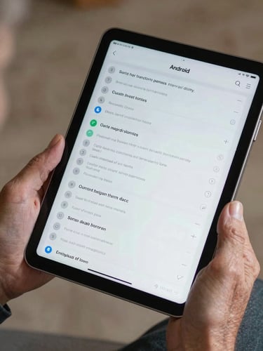 A close-up of an older adult's hand holding a large physical Android tablet, showing a highly legible interface with high-contrast text and clear touch targets under natural studio light.