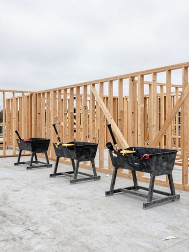 Architectural photography of a clean active residential construction site, organized tools on racks, swept concrete floor, raw timber framing, bright overcast daylight, sharp focus, 35mm lens