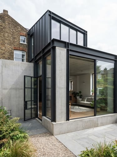 Architectural photography of a minimalist residential extension, bright overcast daylight, high-contrast charcoal steel frame, raw concrete walls, sharp focus, 35mm lens