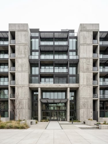 Straight-on architectural elevation of a modern concrete and steel structure, crisp geometric shadows, bright overcast daylight, sharp focus, 35mm lens