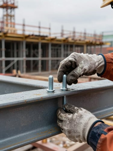Close-up of a worker's gloved hands fitting structural steel bolts on a beam at an active construction site, overcast natural light, sharp foreground detail with blurred scaffolding in background