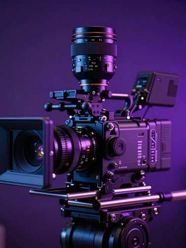 Anamorphic close-up of a high-end cinema camera rig in a dark studio, neon violet backlighting, dramatic rim lighting, shallow depth of field.