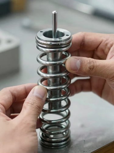 Close-up of a heavy-duty steel torsion spring being adjusted by a professional technician's hands, crisp daylight, high-contrast industrial tones.