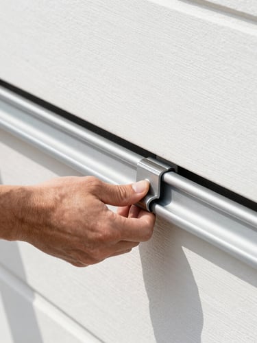 Close-up of hands adjusting garage door tracks with mechanical precision, crisp commercial photography, bright daylight
