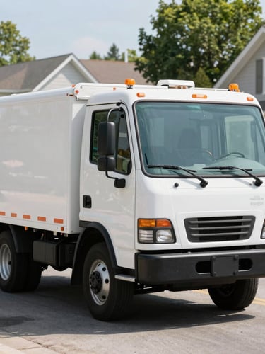 A clean service truck parked on a residential Clinton street in bright daylight, sharp focus, 35mm lens
