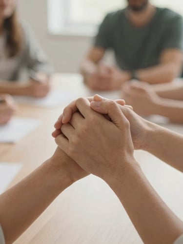 Manos entrelazadas en un gesto de apoyo mutuo, con un fondo suavemente desenfocado de personas en una sesión de capacitación, luz natural difusa, tonos suaves y desaturados, profundidad de campo baja.
