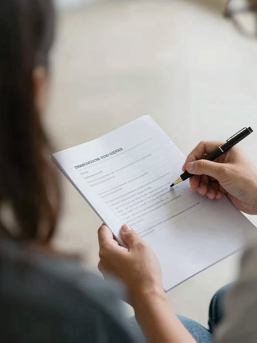 Respectful medium shot of a volunteer's hands holding a manual during a training, soft diffused natural light, muted compassionate tones, shallow depth of field, 35mm, focus on the manual and hands, no explicit text visible.