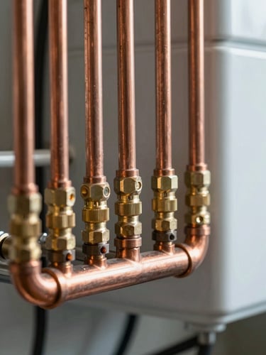 Macro shot of clean, parallel copper pipework runs connected to a modern boiler, bright brass compression fittings, natural Irish daylight