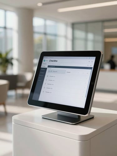 A vertical portrait of a sleek tablet kiosk displaying a clean check-in screen in a bright, modern corporate lobby with natural morning light, highly professional.