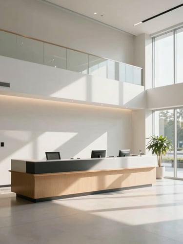 Wide environmental shot of a modern, clean corporate lobby with a minimalist reception area, natural morning light streaming through windows, calm and professional atmosphere.