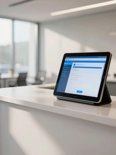 A clean tablet kiosk on a minimalist reception desk in a bright corporate lobby, displaying a secure check-in screen with a Microsoft-adjacent blue interface, soft morning light, wide angle.