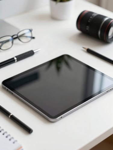 Close-up of clean, organized workspace with professional tools and a modern tablet with a disassembled screen under bright natural daylight.