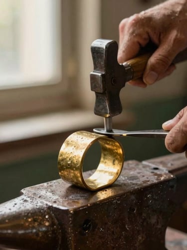 Macro close-up of an artisan's weathered hands hammering a raw brass cuff on an anvil, warm directional window light highlighting the detailed metallic texture and fine hammer marks, soft depth of field.
