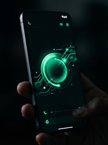 Portrait macro shot of a physical Android device showing smooth UI transitions, realistic screen glow, deep shadows, high-contrast green accents, 35mm