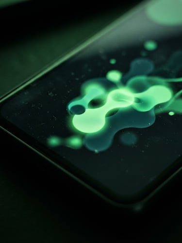 Macro close-up of a physical Android device screen displaying a high-framerate Jetpack Compose UI transition, realistic green screen glow, deep shadows, dark editorial technology photography